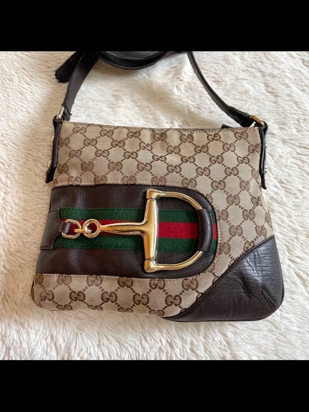 Gucci Brown GG Canvas Crossbody Bag with Red-Green Web and Gold Tone Hardware